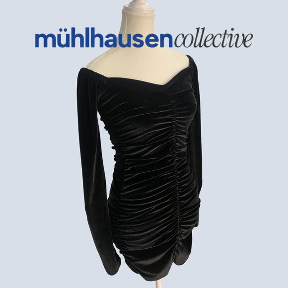 SHEIN Black Velvet Ruched Mini Dress Off Shoulder Long Sleeve Size S - Picture 3 of 4